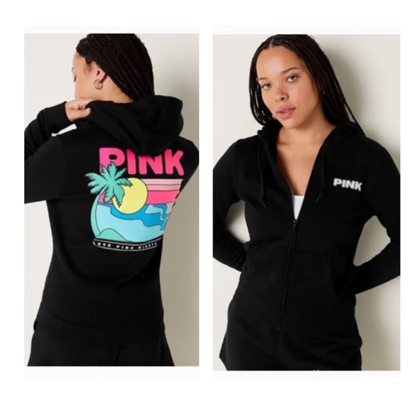 NWT Victoria’s Secret PINK Black Fleece Tropical Zip Hoodie, XXL - Picture 2 of 11